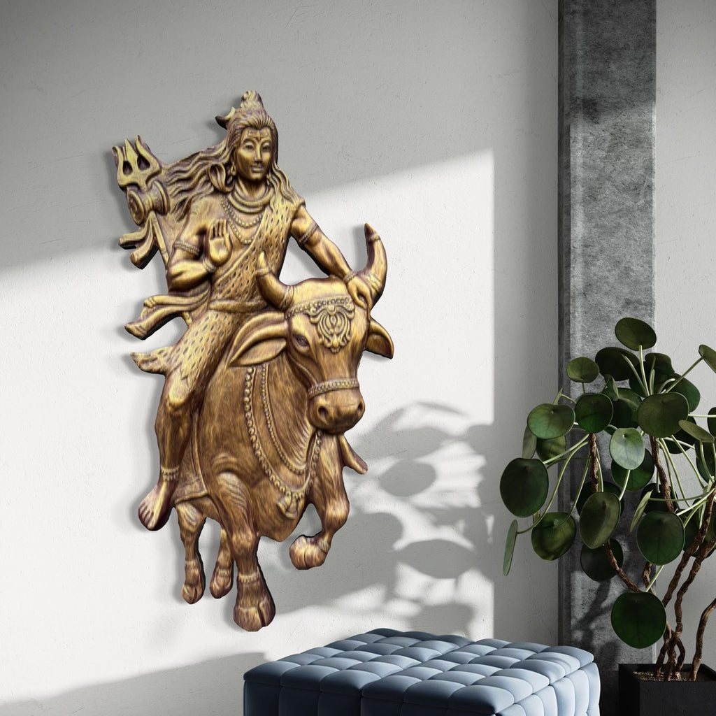 Full view of Shiva sitting on Nandi 3D relief wall mural designed as handcrafted spiritual wall art
