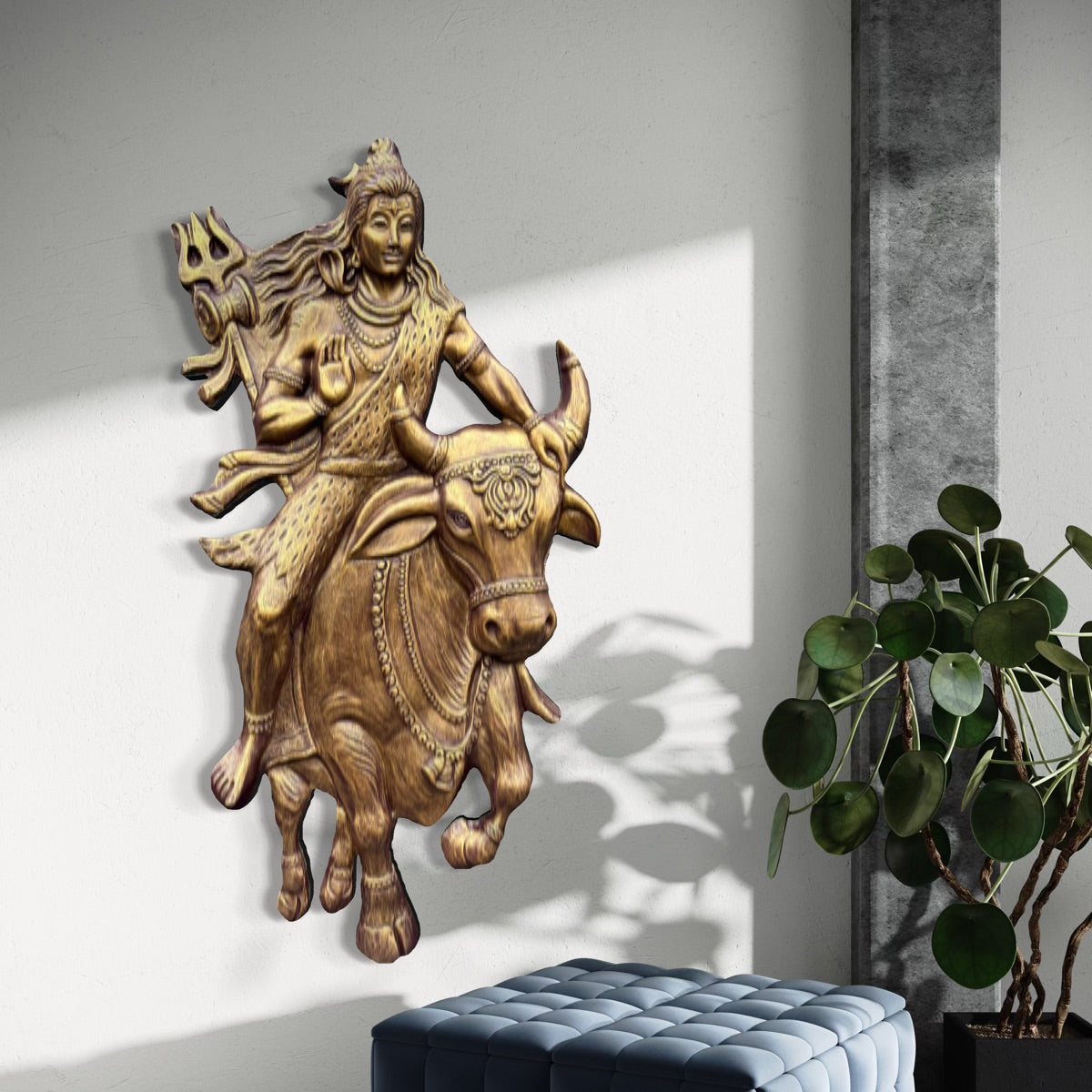 Full view of Shiva sitting on Nandi 3D relief wall mural designed as handcrafted spiritual wall art
