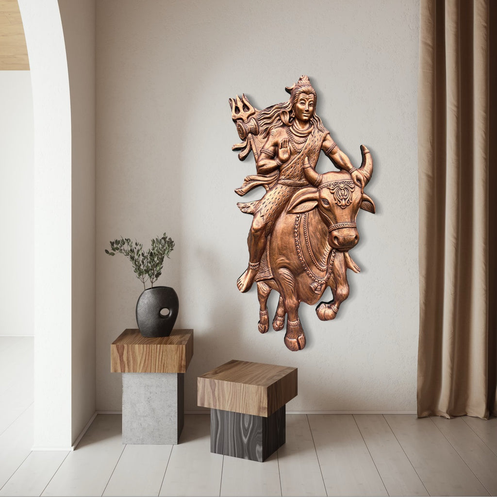 Full view of Shiva sitting on Nandi 3D relief wall mural designed as handcrafted spiritual wall art.