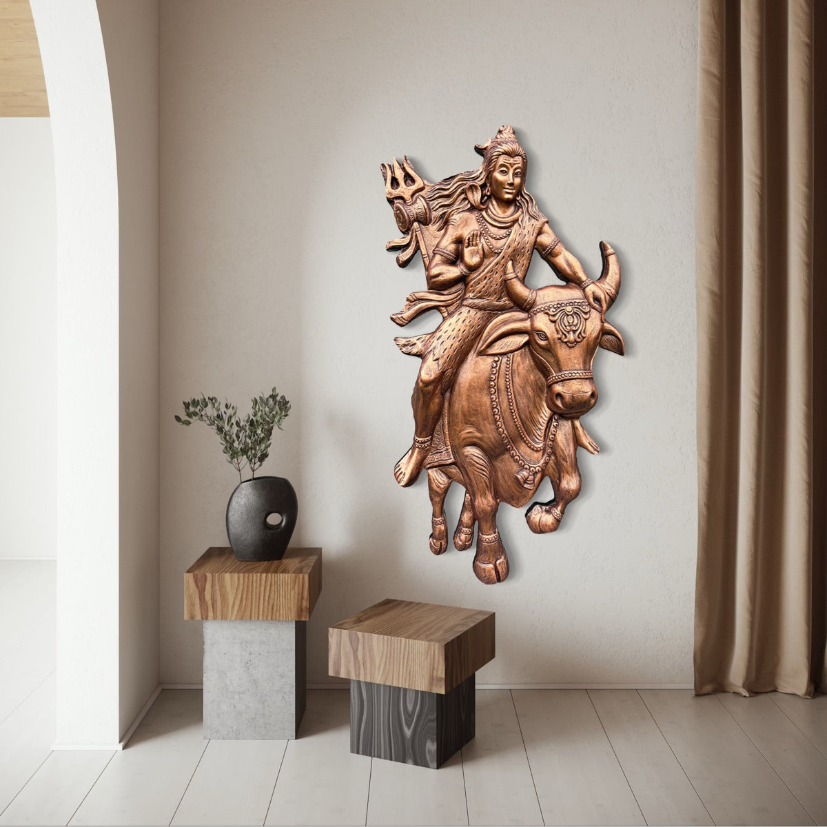 Full view of Shiva sitting on Nandi 3D relief wall mural designed as handcrafted spiritual wall art.
