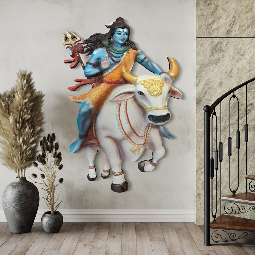 Full view of Shiva sitting on Nandi 3D relief wall mural designed as handcrafted spiritual wall art.