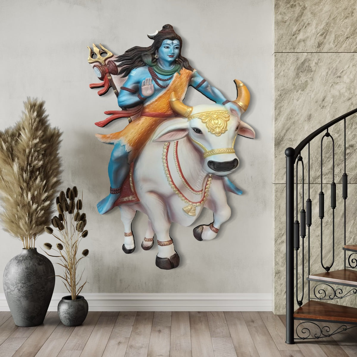 Full view of Shiva sitting on Nandi 3D relief wall mural designed as handcrafted spiritual wall art.