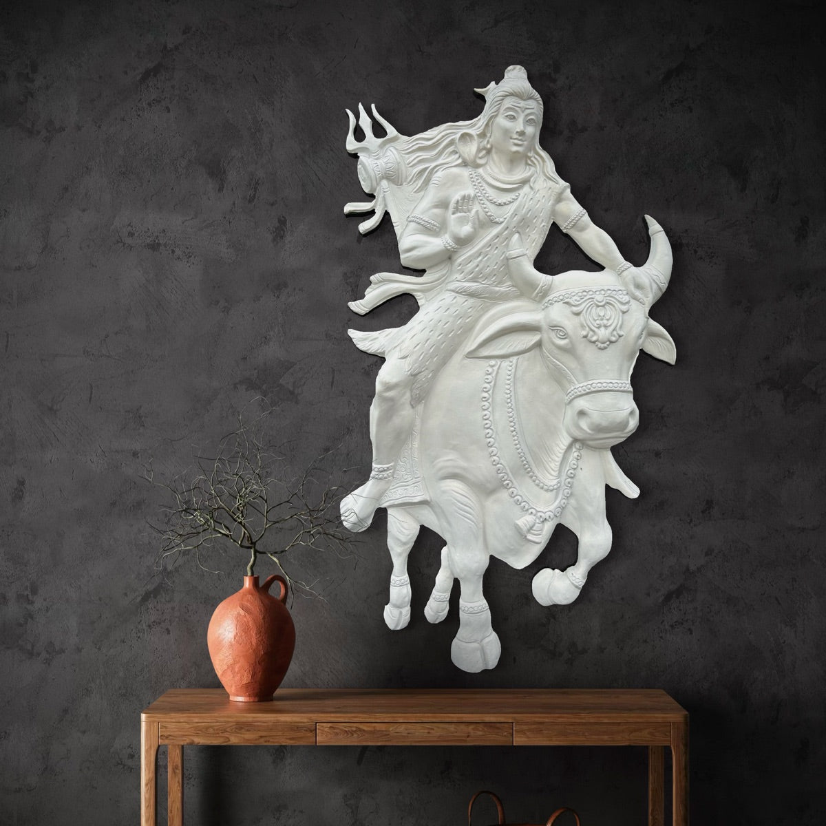 Full view of Shiva sitting on Nandi 3D relief wall mural designed as handcrafted spiritual wall art
