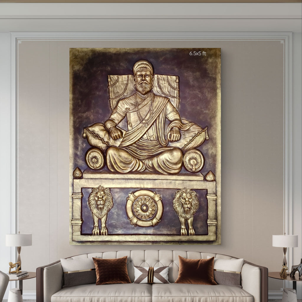 Majestic 6.5x5 ft Chhatrapati Shivaji Maharaj 3D Relief Mural in a Gold & Bronze finish.