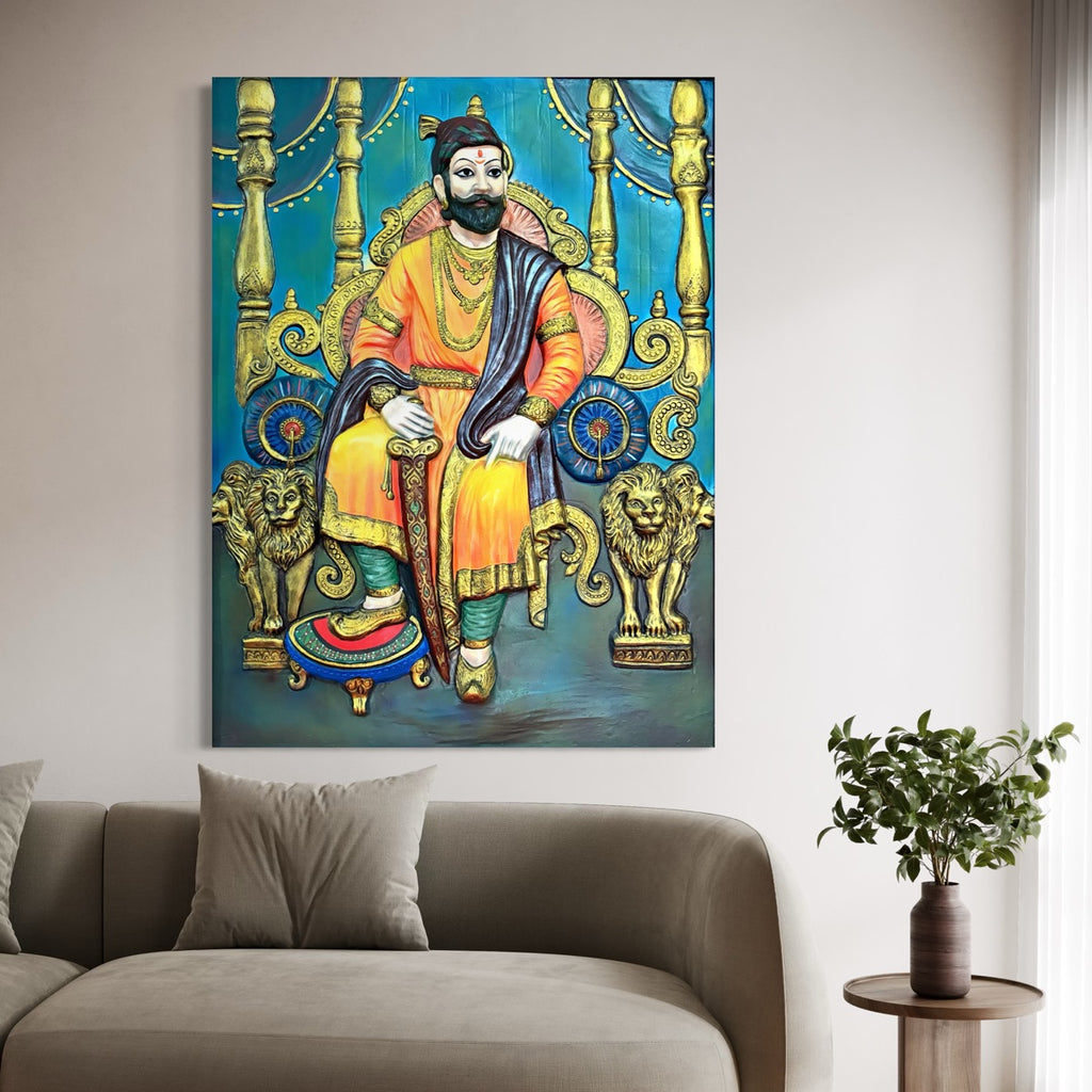 Close-up of the majestic Shivaji Maharaj throne mural, showcasing the detailed artistry and regal aura in multicolour.