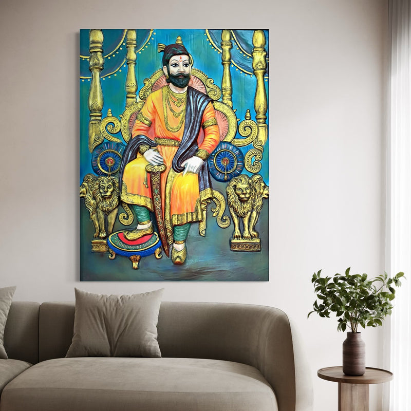 Close-up of the majestic Shivaji Maharaj throne mural, showcasing the detailed artistry and regal aura in multicolour.