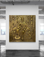 Shivaji Maharaj throne 3D wall art, 6x6 feet handcrafted relief mural available in gold, bronze, white, and gray finishes, perfect for royal interiors.
