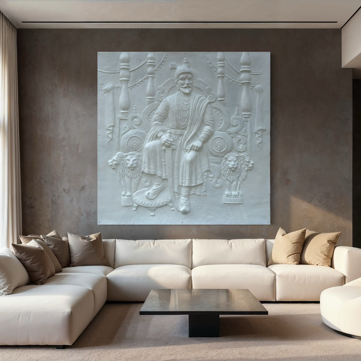 6x6 feet Chhatrapati Shivaji Maharaj 3D relief wall mural in white finish, handcrafted throne artwork symbolizing royalty, courage, and heritage.