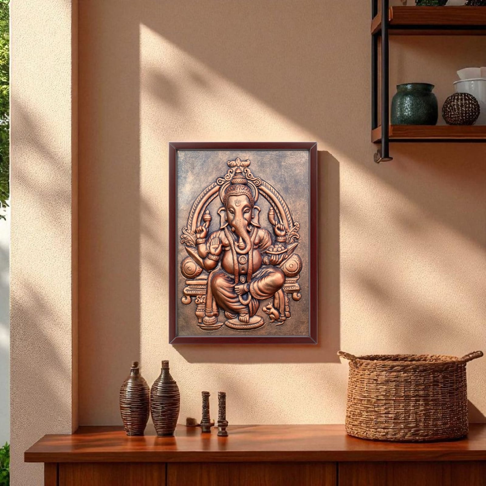Compact 3D Ganesha relief mural with framed and unframed options, perfect for versatile home or office décor.