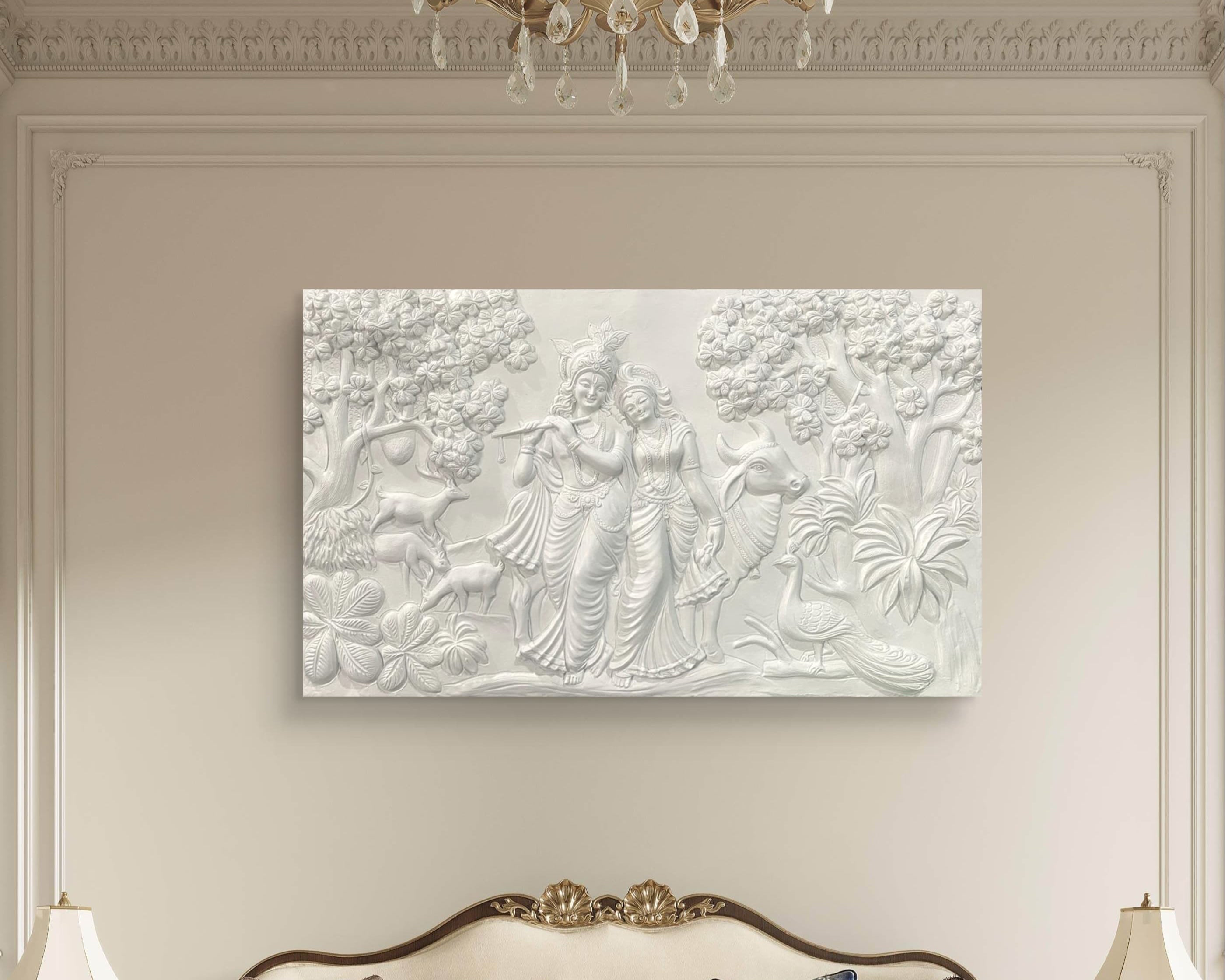 Close-up of the beautifully sculpted Radha and Krishna mural, showcasing their expressive forms.