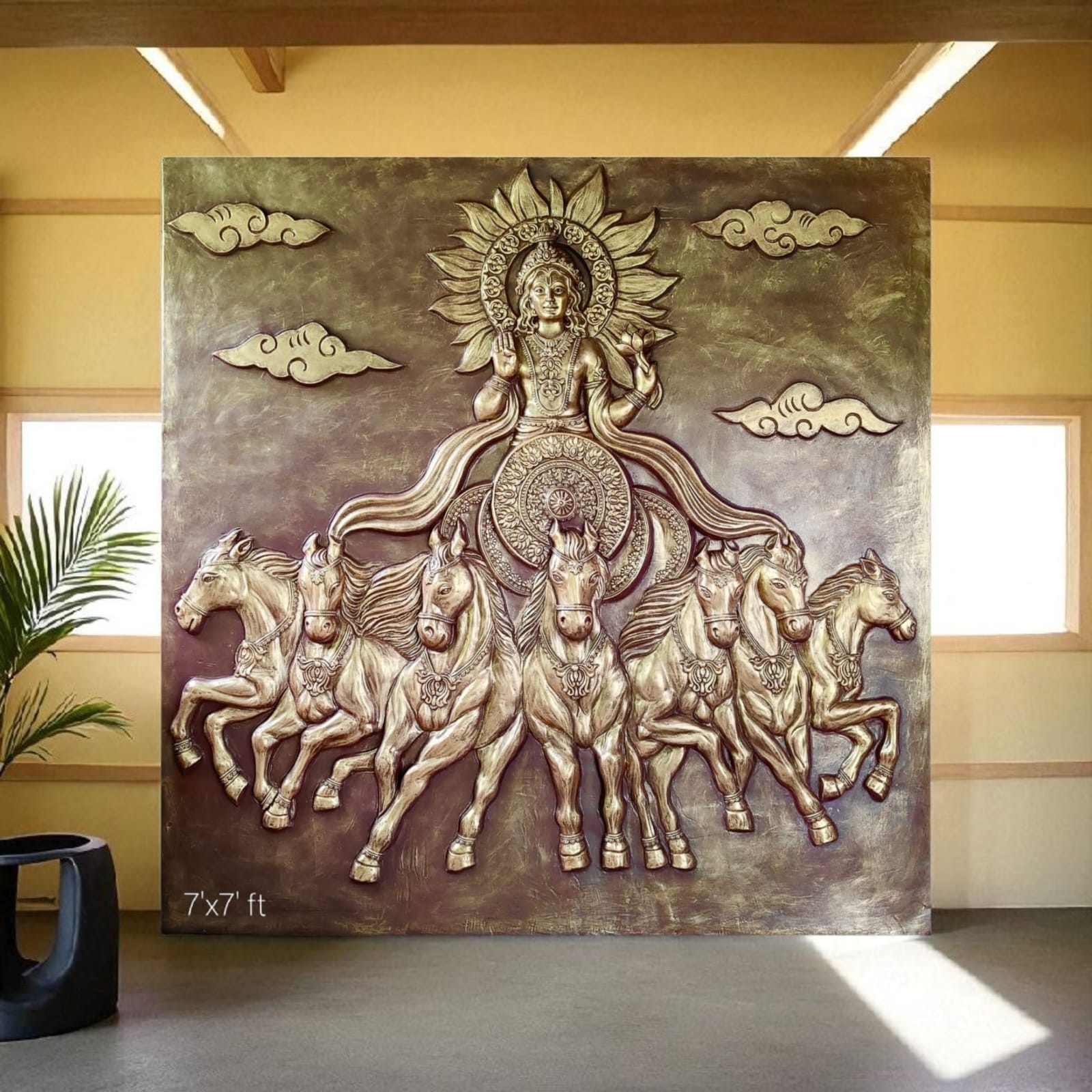 7x7 feet wall sculpture of Surya, the eternal Sun God, riding seven galloping horses, perfect for divine interior decor.