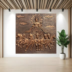 7x7 feet wall sculpture of Surya, the eternal Sun God, riding seven galloping horses, perfect for divine interior decor.