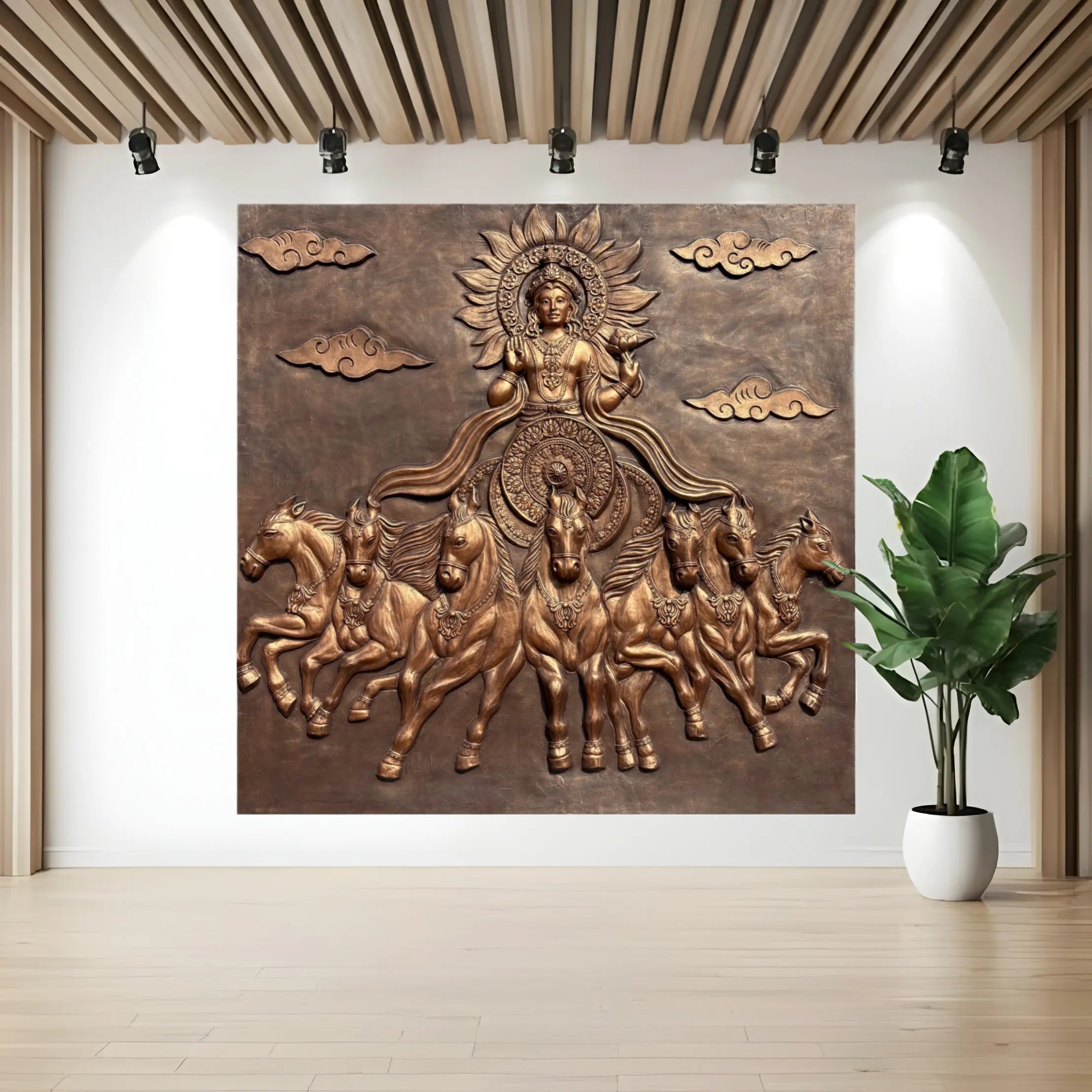 7x7 feet wall sculpture of Surya, the eternal Sun God, riding seven galloping horses, perfect for divine interior decor.