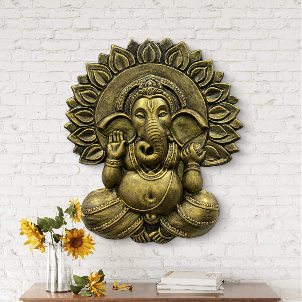 Surya Ganesha sun design 3D wall mural in gold tone | 2.3x2 feet handcrafted decorative wall art panel