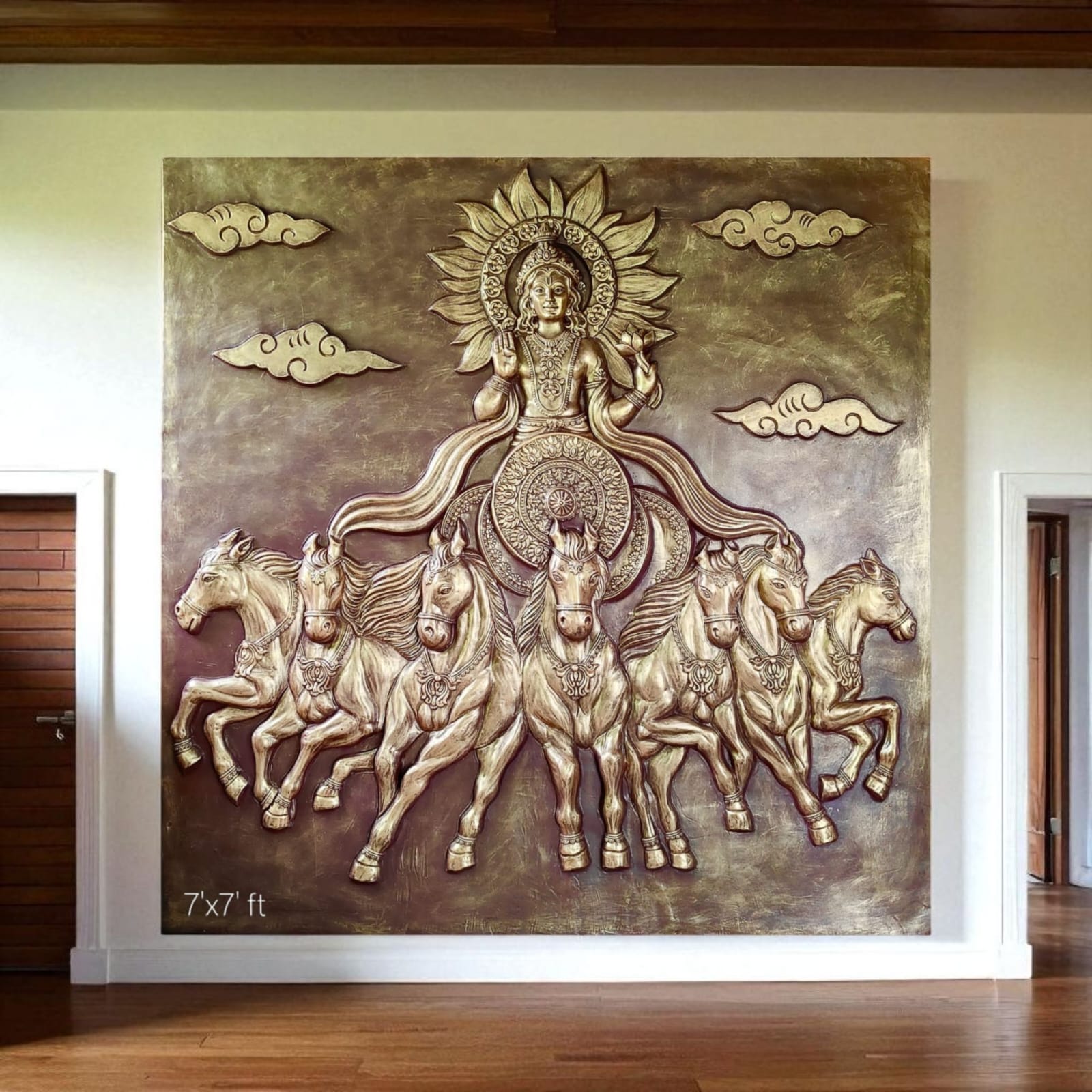Surya Narayana 3D relief mural showing the Sun God on His celestial chariot with seven horses, in grand wall art form.