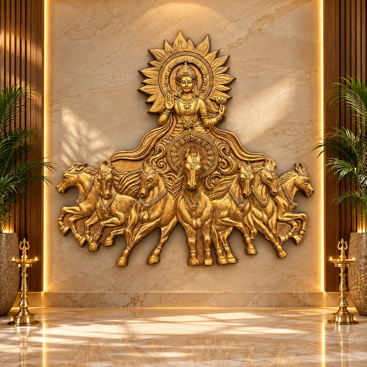 Close-up of Lord Surya Narayana and seven horses highlighting fine detailing and craftsmanship
