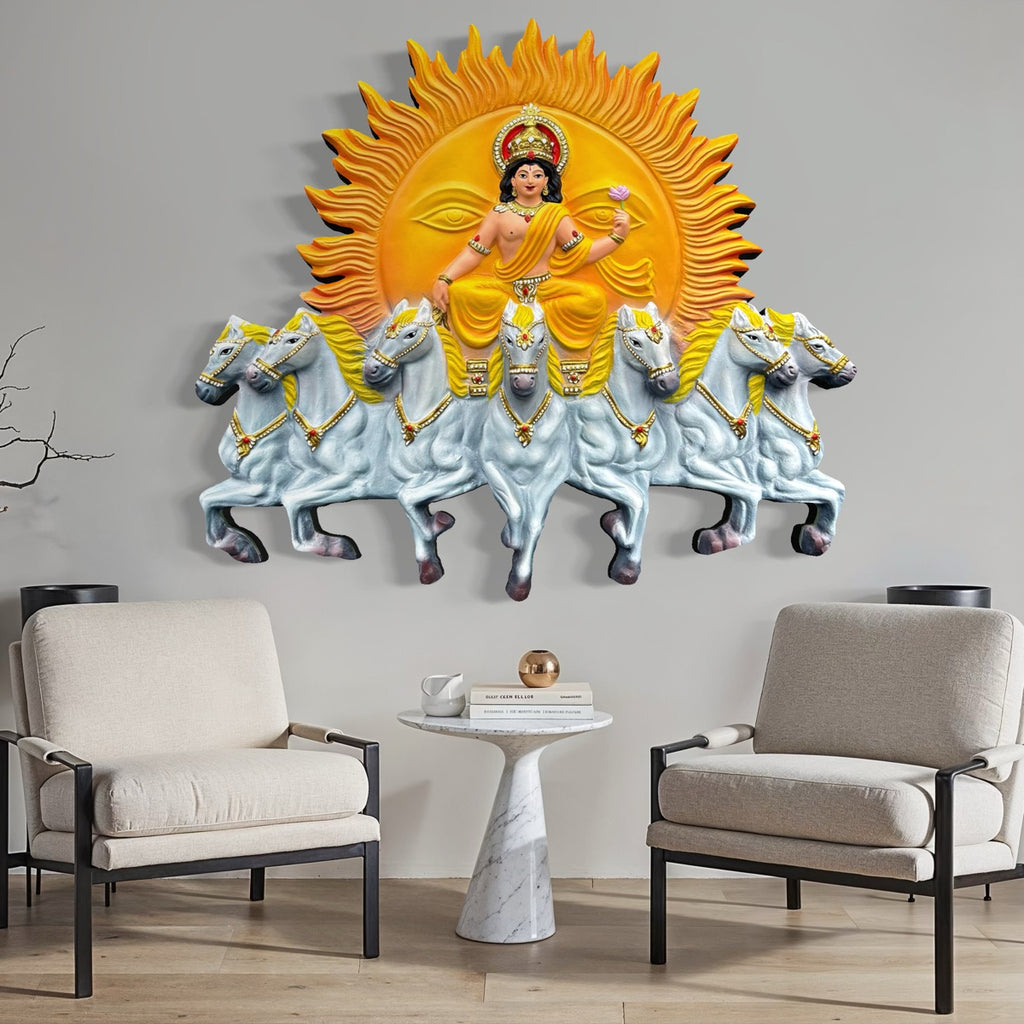 Handcrafted Surya Narayana wall art depicting the divine Sun God riding a chariot drawn by seven horses in grey  and size is 4x3.5 feet