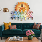 Handcrafted Surya Narayana wall art depicting the divine Sun God riding a chariot drawn by seven horses in vibgyor  and size is 4x3.5 feet