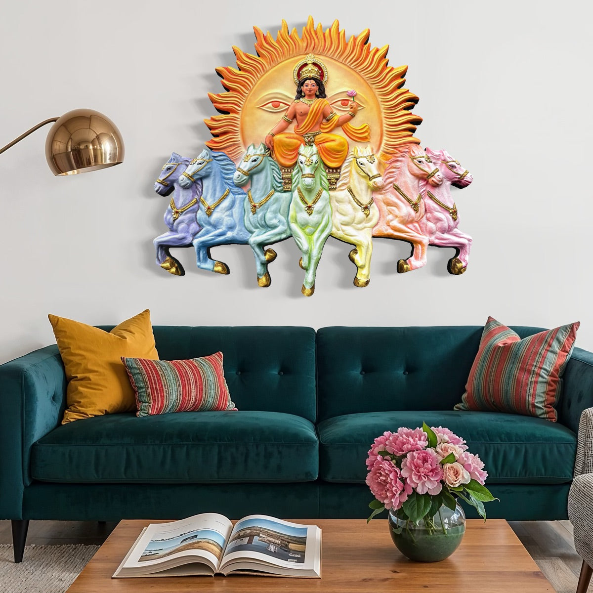 Handcrafted Surya Narayana wall art depicting the divine Sun God riding a chariot drawn by seven horses in vibgyor  and size is 4x3.5 feet