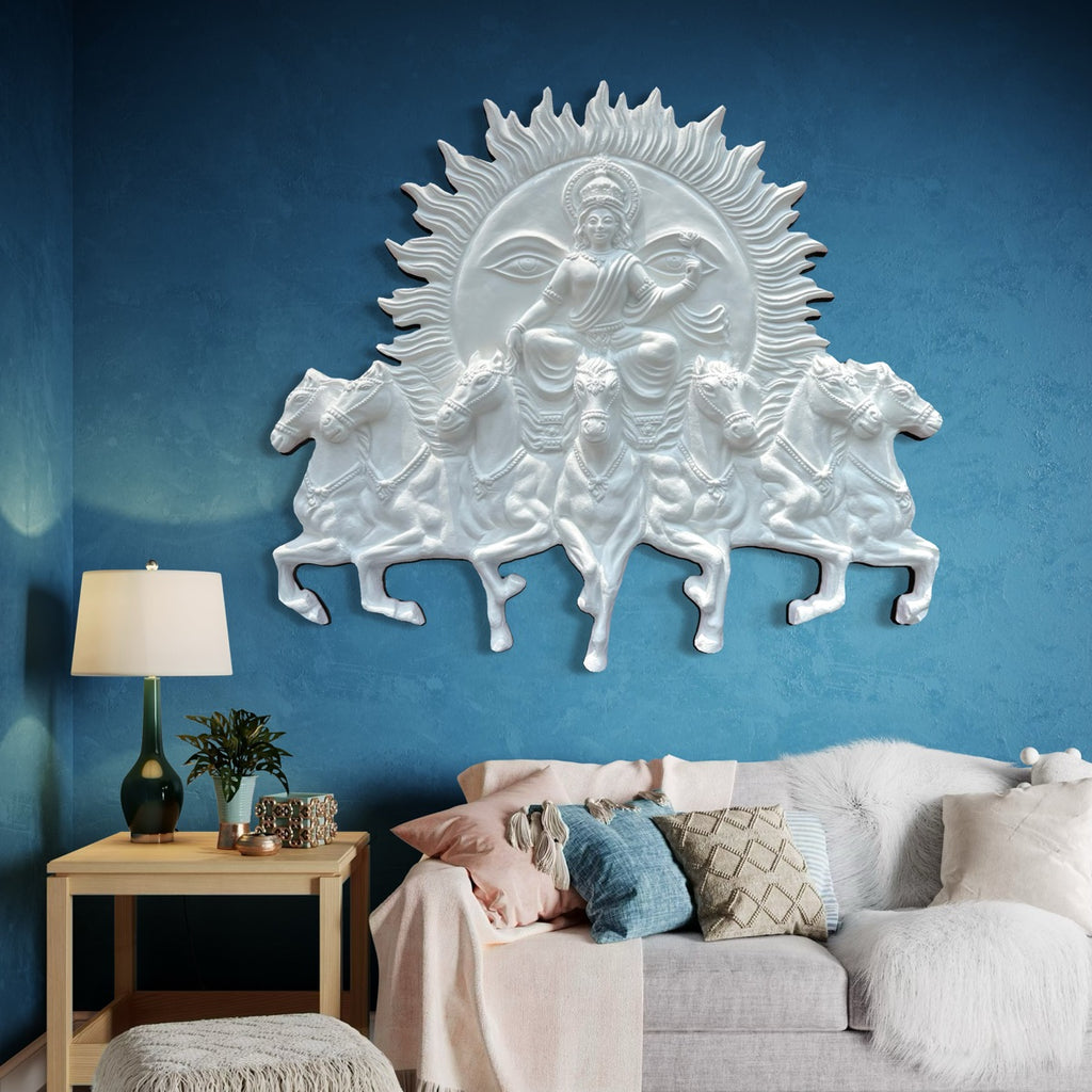 Handcrafted Surya Narayana wall art depicting the divine Sun God riding a chariot drawn by seven horses in white color and size is 4x3.5 feet