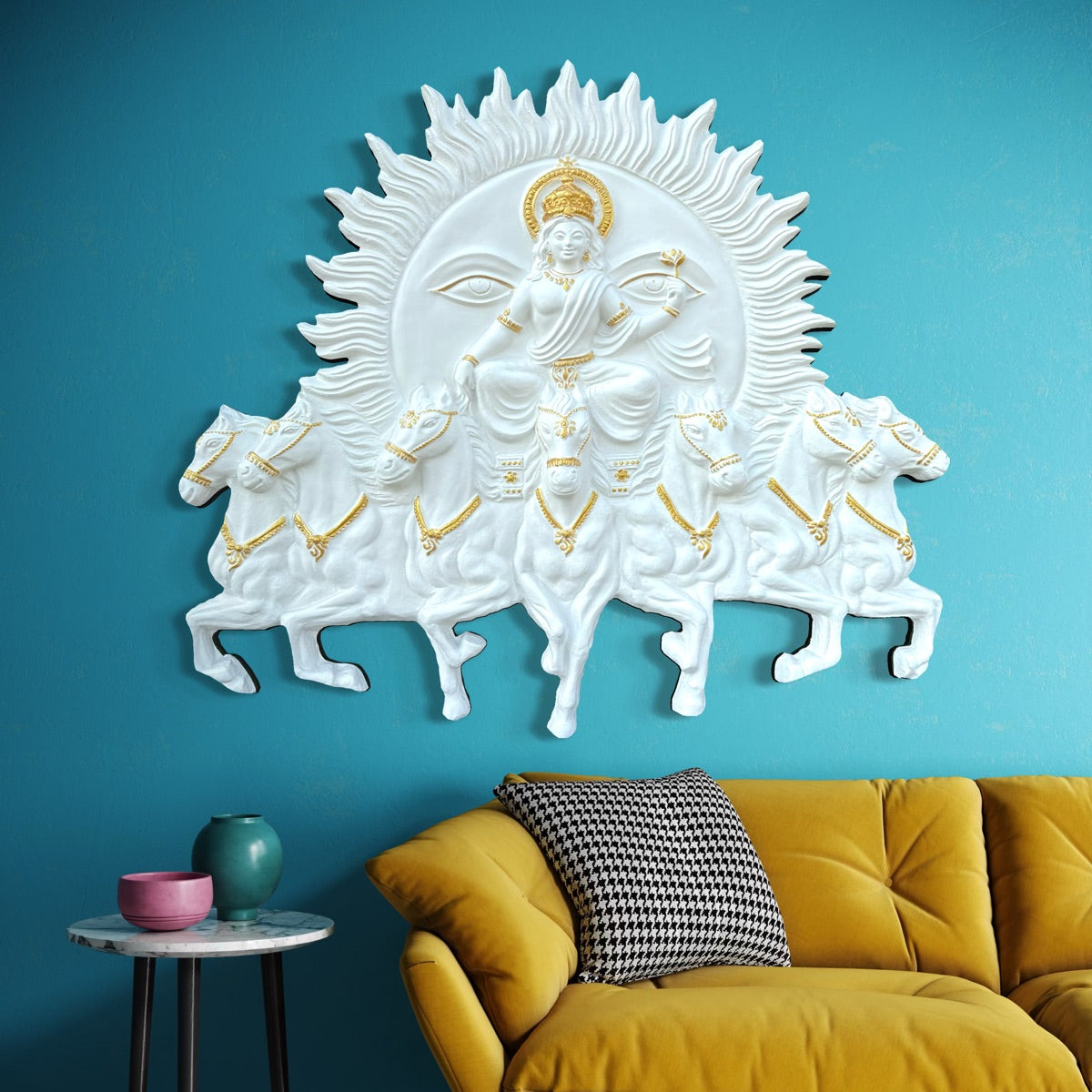Handcrafted Surya Narayana wall art depicting the divine Sun God riding a chariot drawn by seven horses in white with golden highlights color and size is 4x3.5 feet