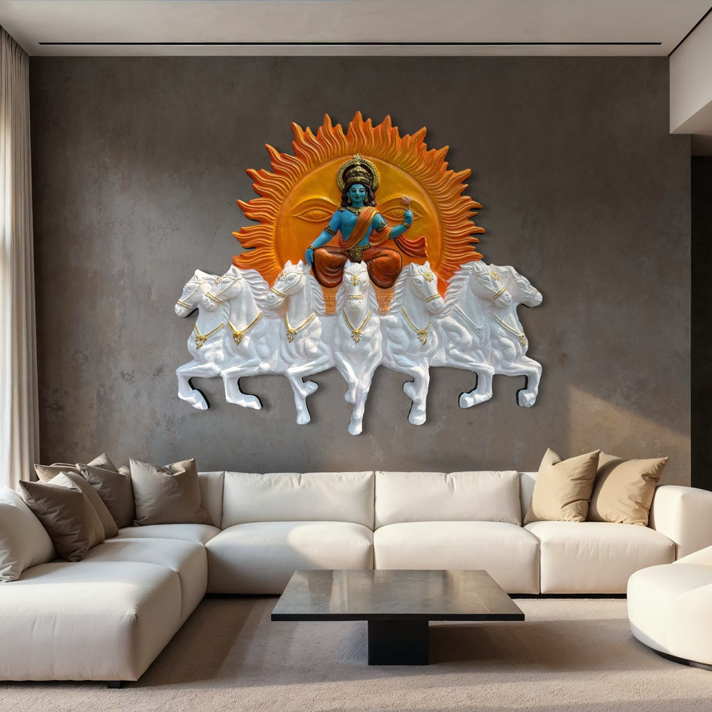 Handcrafted Surya Narayana wall art depicting the divine Sun God riding a chariot drawn by seven horses in multicolour  and size is 4x3.5 feet
