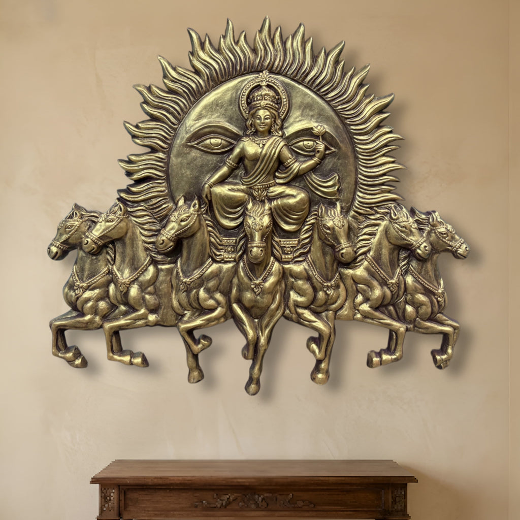 Handcrafted Surya Narayana wall art depicting the divine Sun God riding a chariot drawn by seven horses