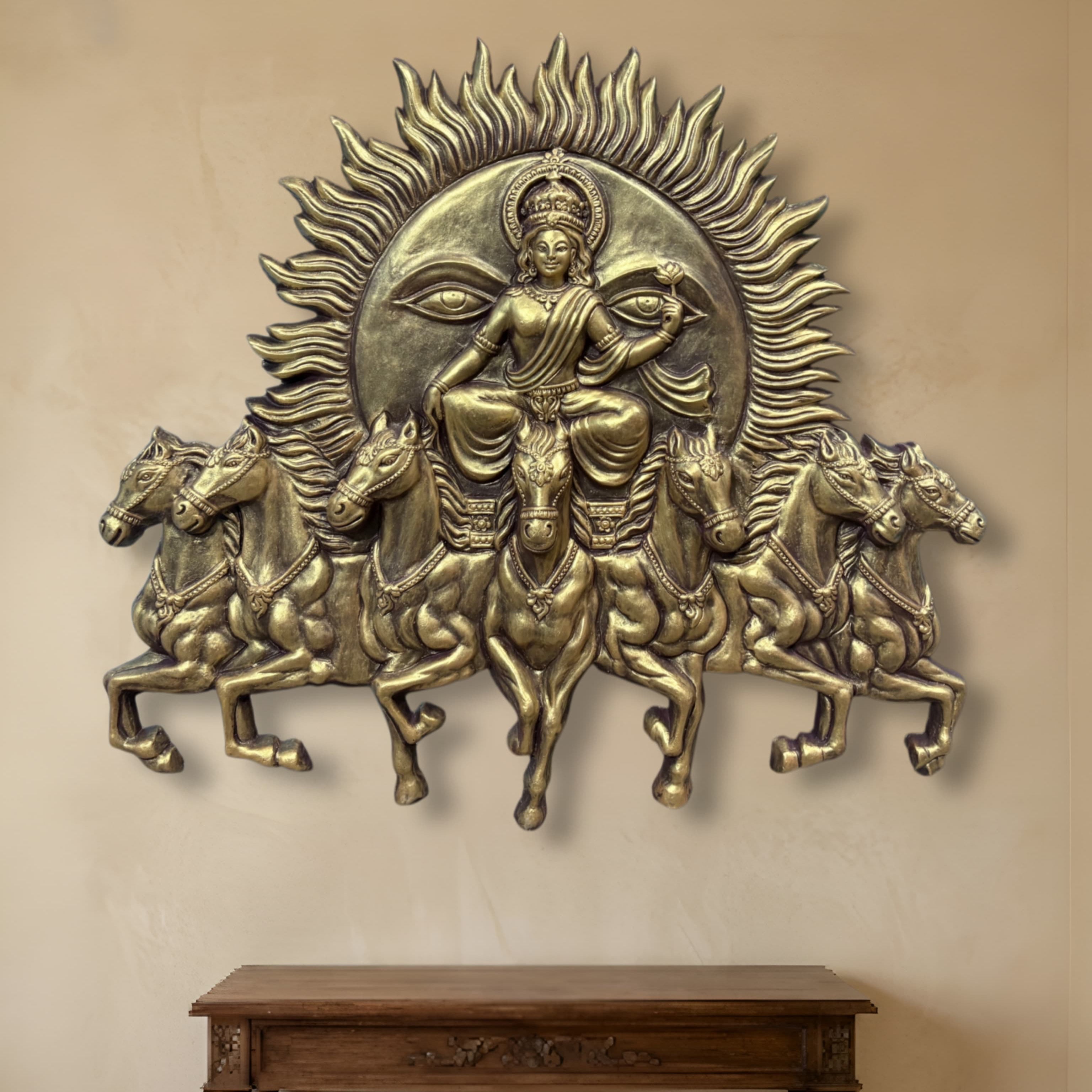 Handcrafted Surya Narayana wall art depicting the divine Sun God riding a chariot drawn by seven horses