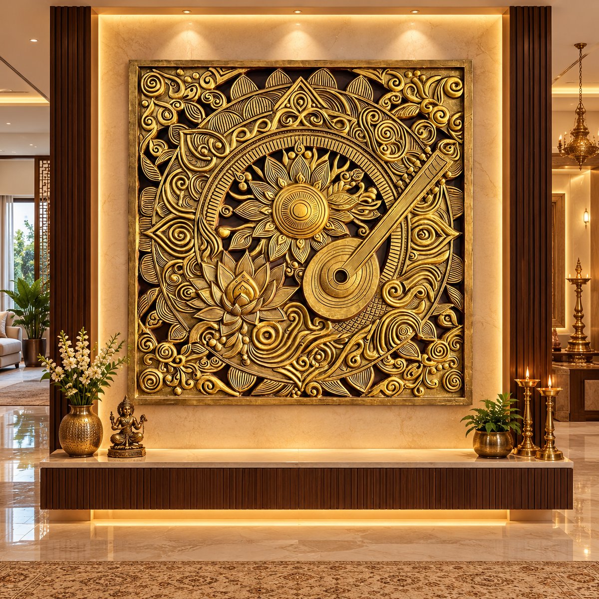 Blooming Harmony Tanpura 3D Relief Mural (5x5 ft), an exquisite centerpiece of cultural sophistication