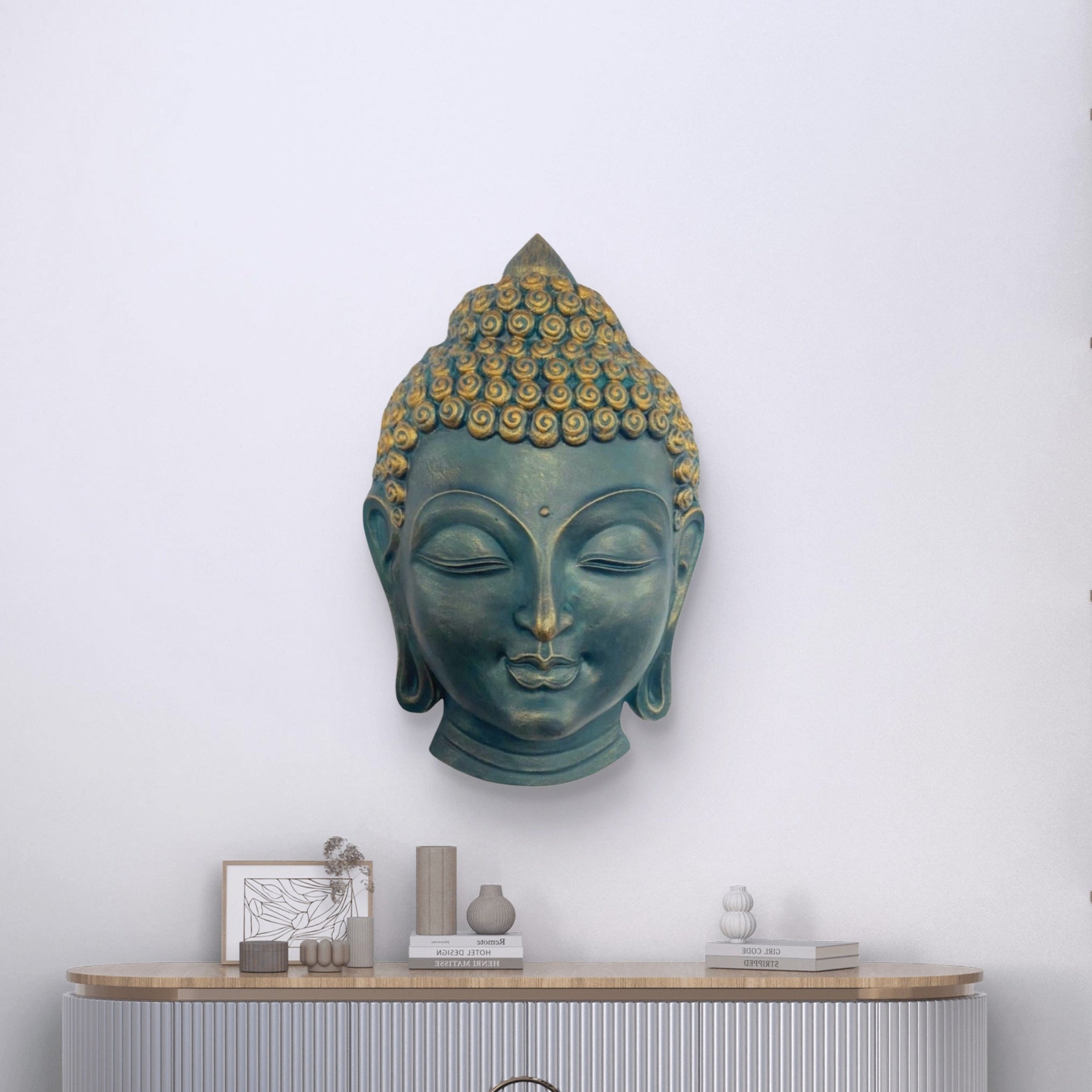 teal finish buddha face 3d wall mural 27x17 inches handcrafted relief sculpture for cultural interior decor