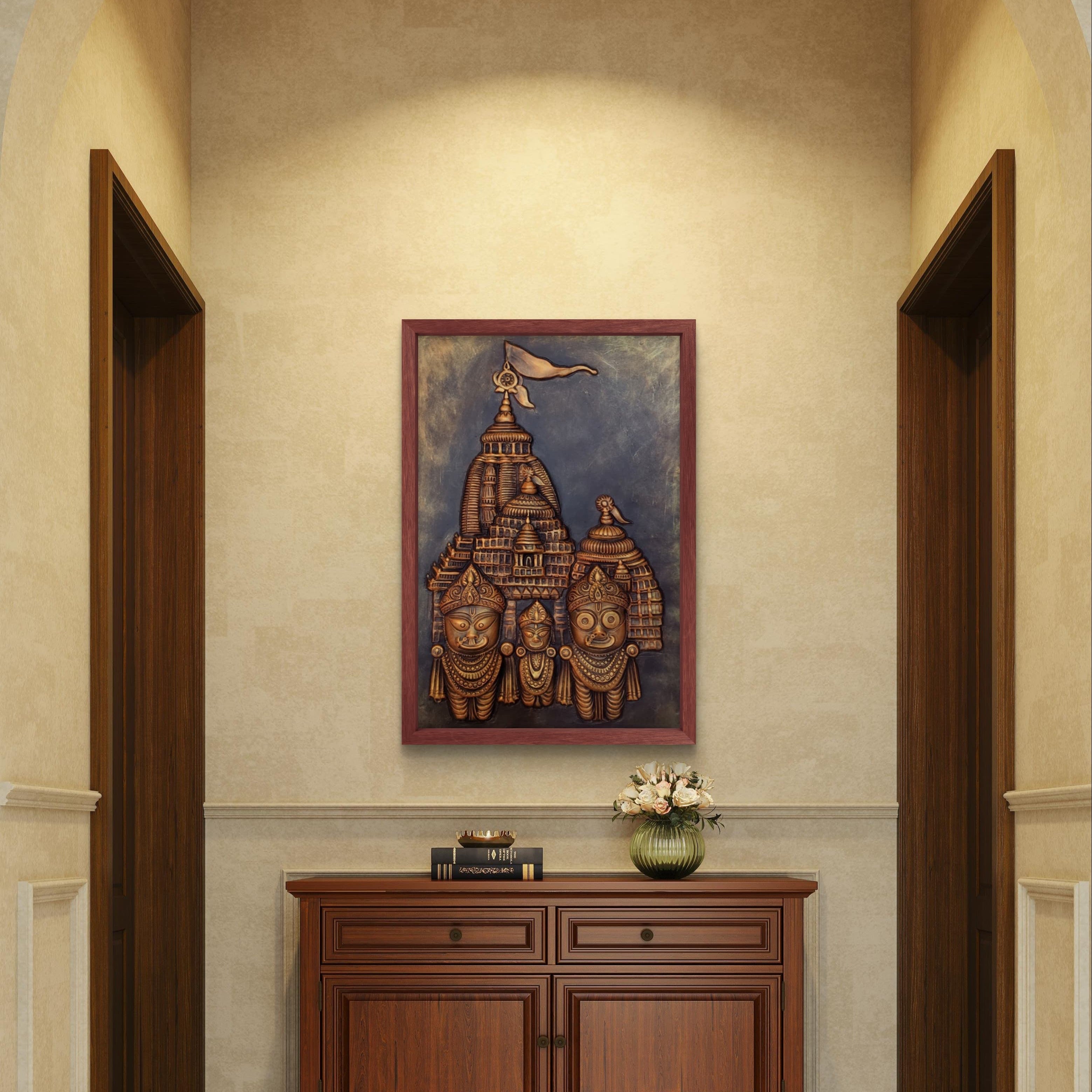 Traditional Indian art wall panel of Lord Jagannath in 3D relief, representing unity, heritage, and devotion.