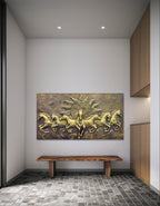 Majestic 48x24 inch Seven Horses with Rising Sun 3D Relief Mural, symbolizing strength and progress.