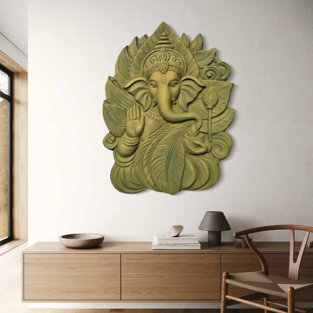 4x3 feet ready-to-hang wall art of Lord Ganesha in sage green and golden colour and the remover of obstacles and harbinger of success