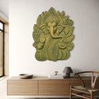 4x3 feet ready-to-hang wall art of Lord Ganesha in sage green and golden colour and the remover of obstacles and harbinger of success