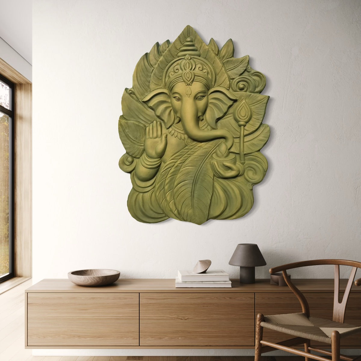 4x3 feet ready-to-hang wall art of Lord Ganesha in sage green and golden colour and the remover of obstacles and harbinger of success