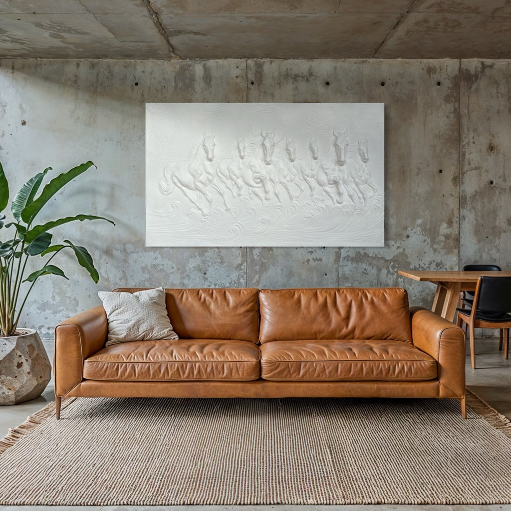 Highly detailed 3D relief mural of white colour seven horses, a powerful choice for modern home and office decor.