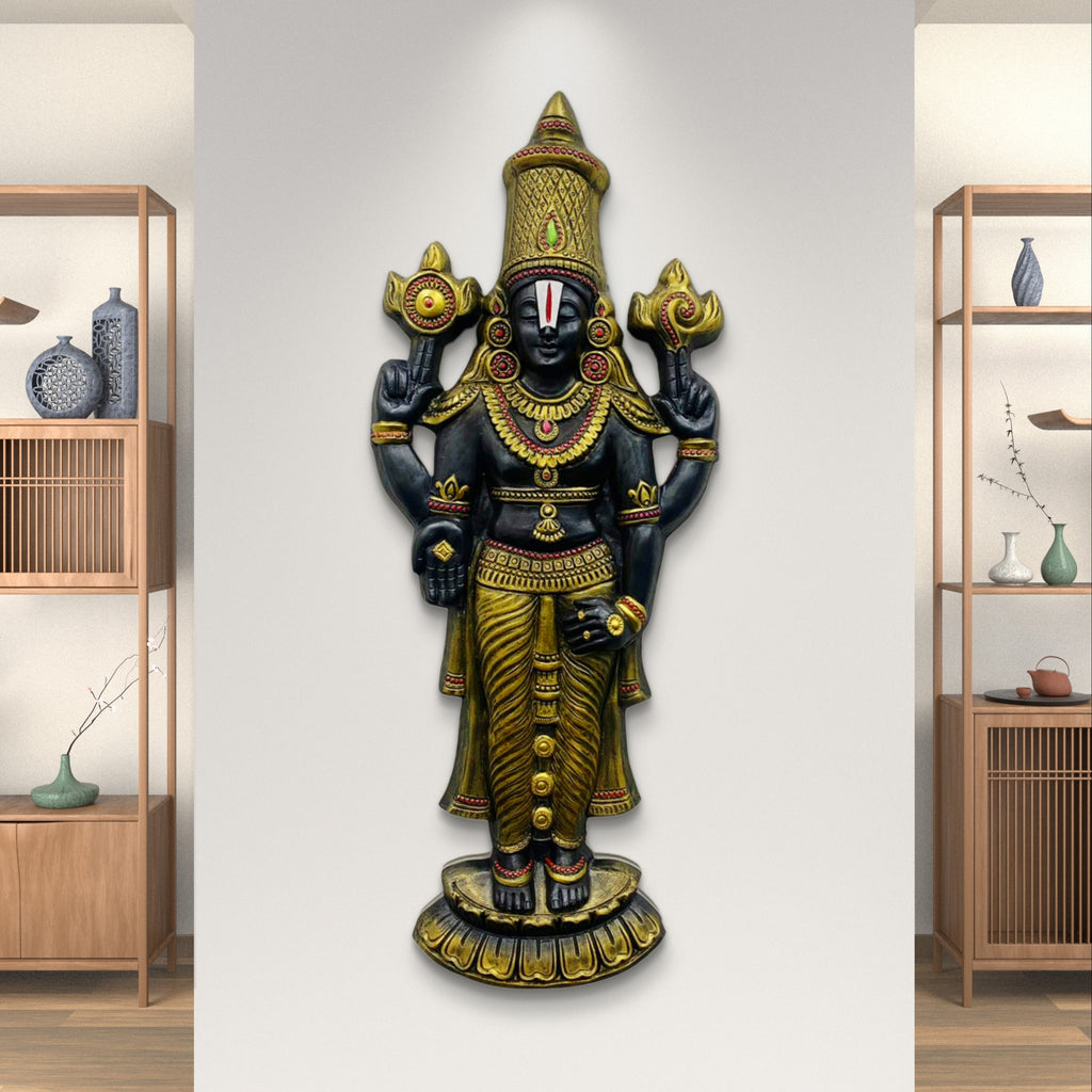 Handcrafted Venkateshwara Balaji 3D relief wall mural in gold finish (5x2 ft) | elegant decorative wall art for home and office interiors.