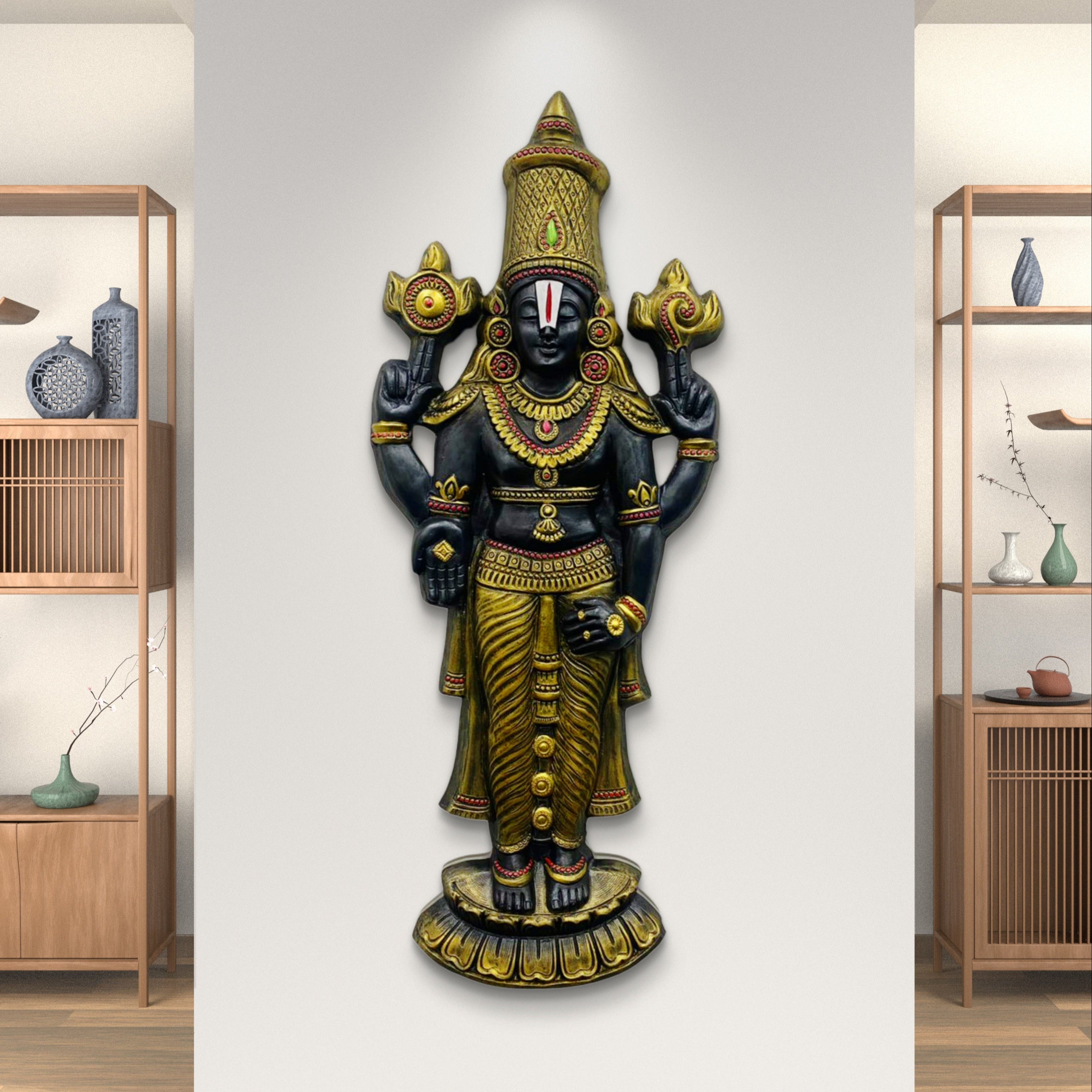 Handcrafted Venkateshwara Balaji 3D relief wall mural in gold finish (5x2 ft) | elegant decorative wall art for home and office interiors.