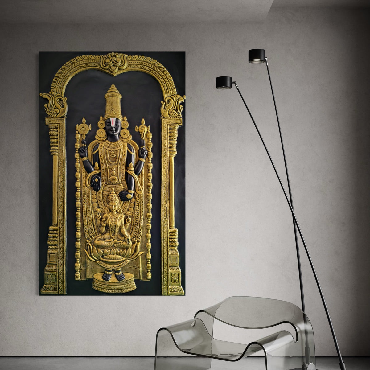 5x3 feet 3D wall mural featuring Venkateswara Balaji and Lakshmi in gold and black finish, handcrafted relief art for elegant home décor.