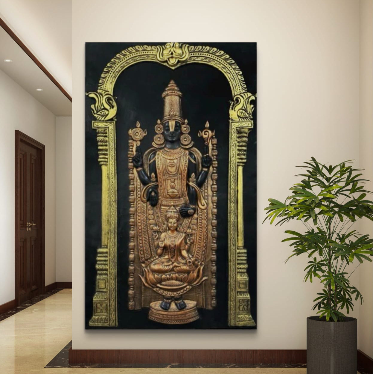 5x3 feet 3D wall mural featuring Venkateswara Balaji and Lakshmi in gold and black finish, handcrafted relief art for elegant home décor