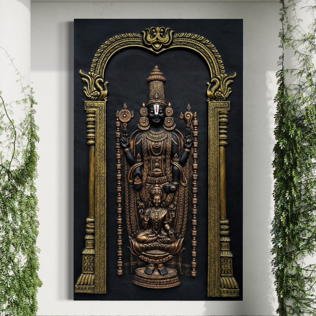 Full view of Venkateswara Balaji with Lakshmi 3D relief wall art designed as a handcrafted spiritual wall mural.