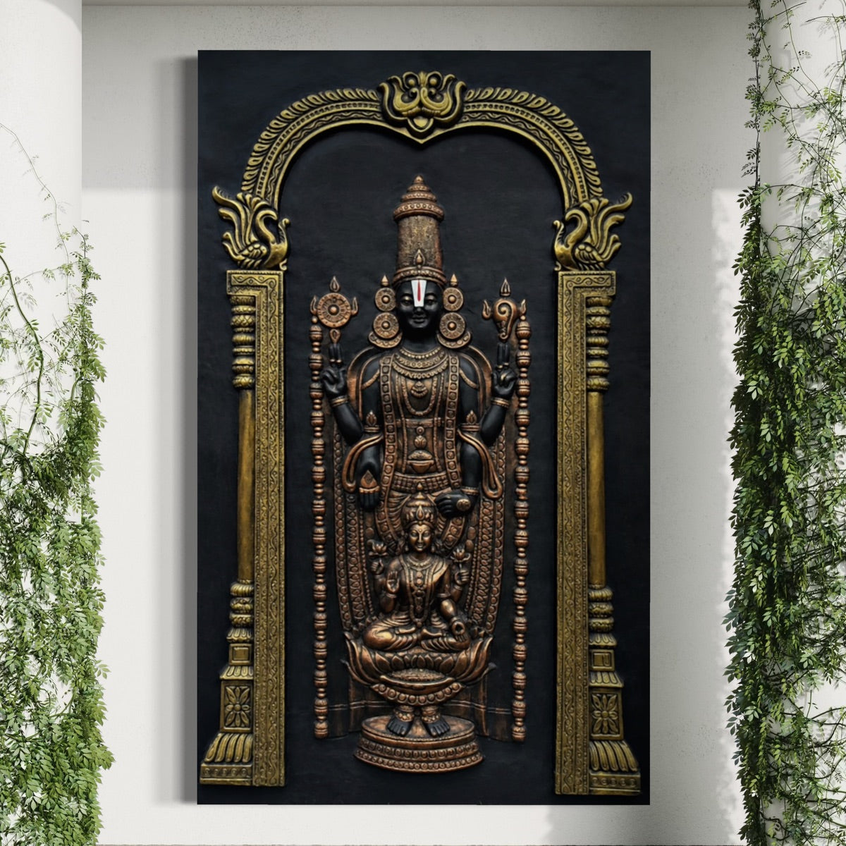 Full view of Venkateswara Balaji with Lakshmi 3D relief wall art designed as a handcrafted spiritual wall mural.