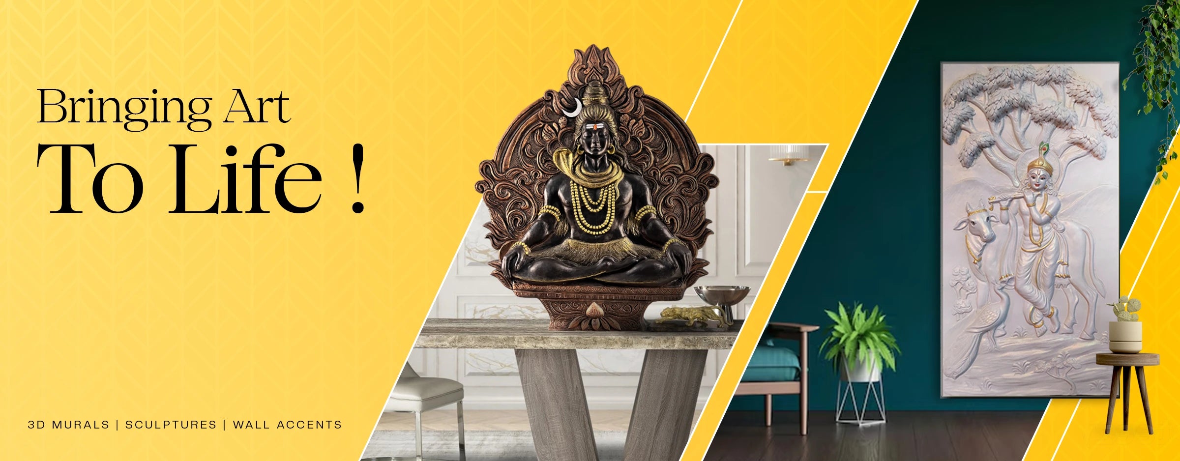 Handcrafted wall mural painting featuring sculptures and art accents on a yellow background, perfect for home decor.