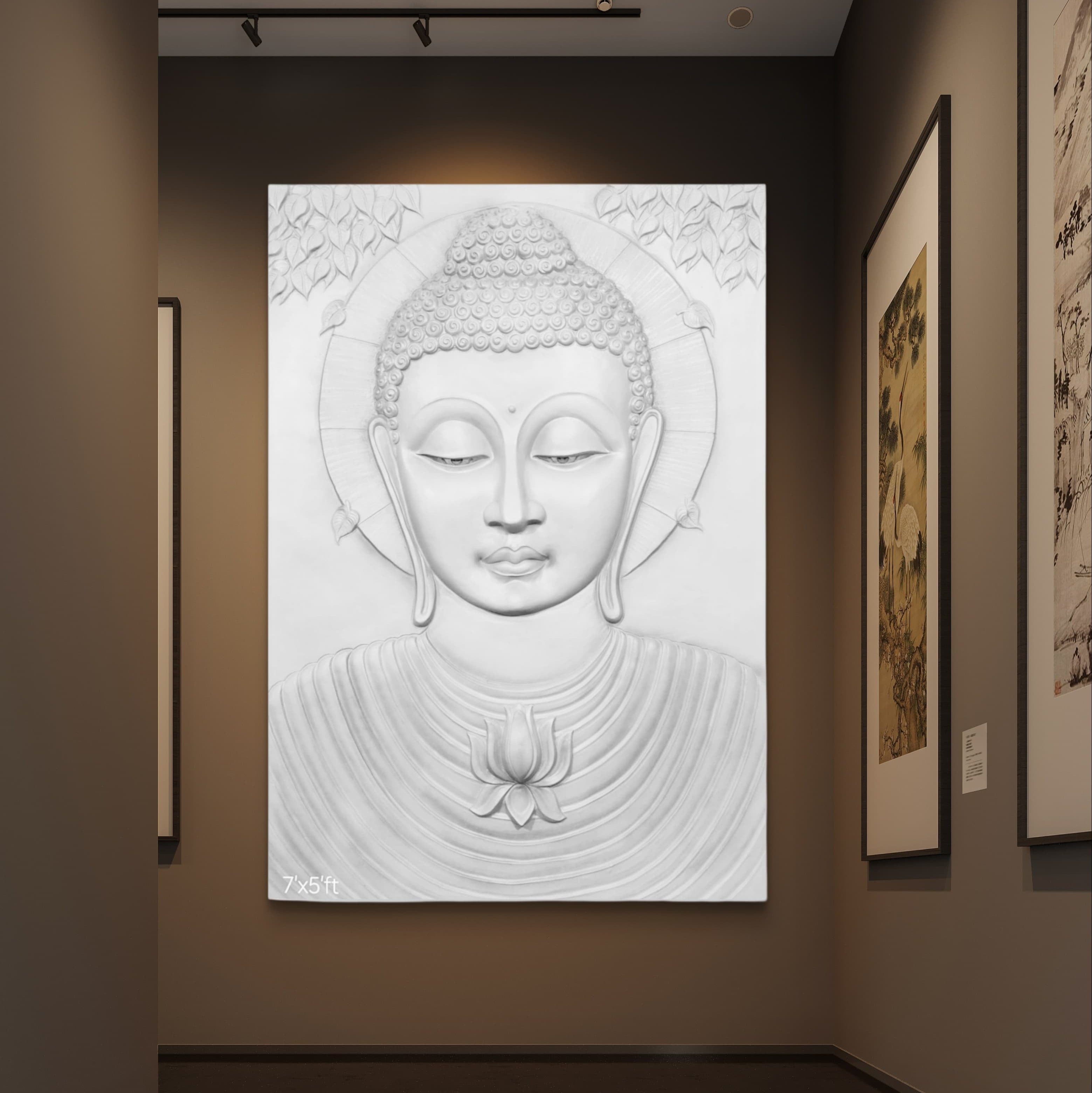 White finish Buddha 3D relief mural handcrafted wall art sculpture for living room and office decor