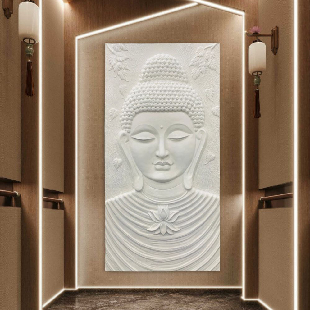 White finish Buddha 3D relief mural | 6x3 feet handcrafted wall art sculpture for meditation and yoga décor