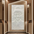White finish Buddha 3D relief mural | 6x3 feet handcrafted wall art sculpture for meditation and yoga décor