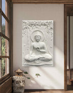 White finish Buddha 3D relief wall mural | handcrafted wall art for calm and modern interiors