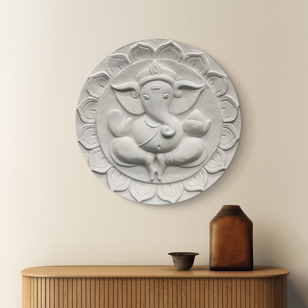white finish ganesha 3d wall mural circular design 21x21 inch handcrafted relief sculpture for interiors