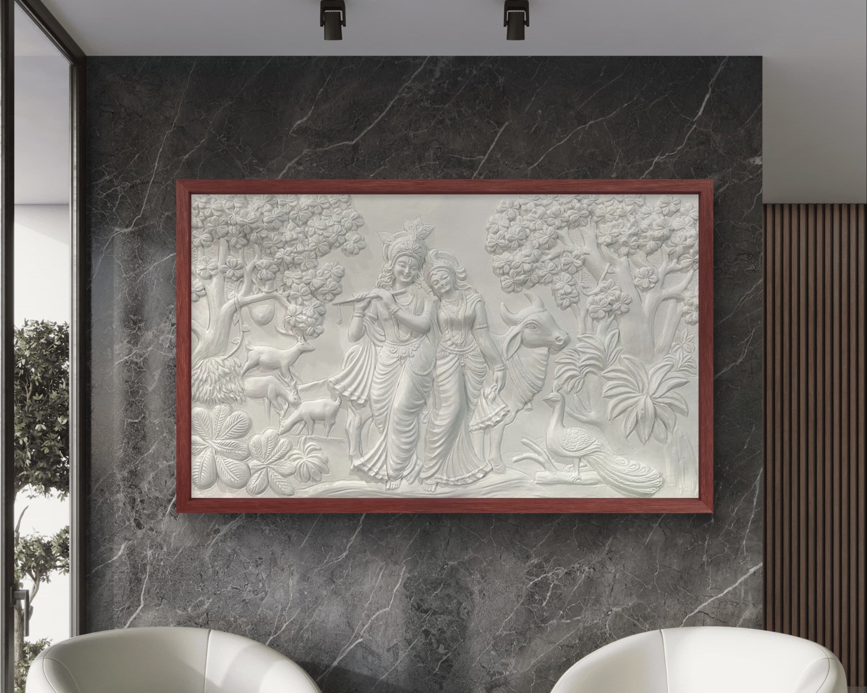 White-framed 5x3 feet Radha Krishna 3D relief mural, adding spiritual elegance to the living room.