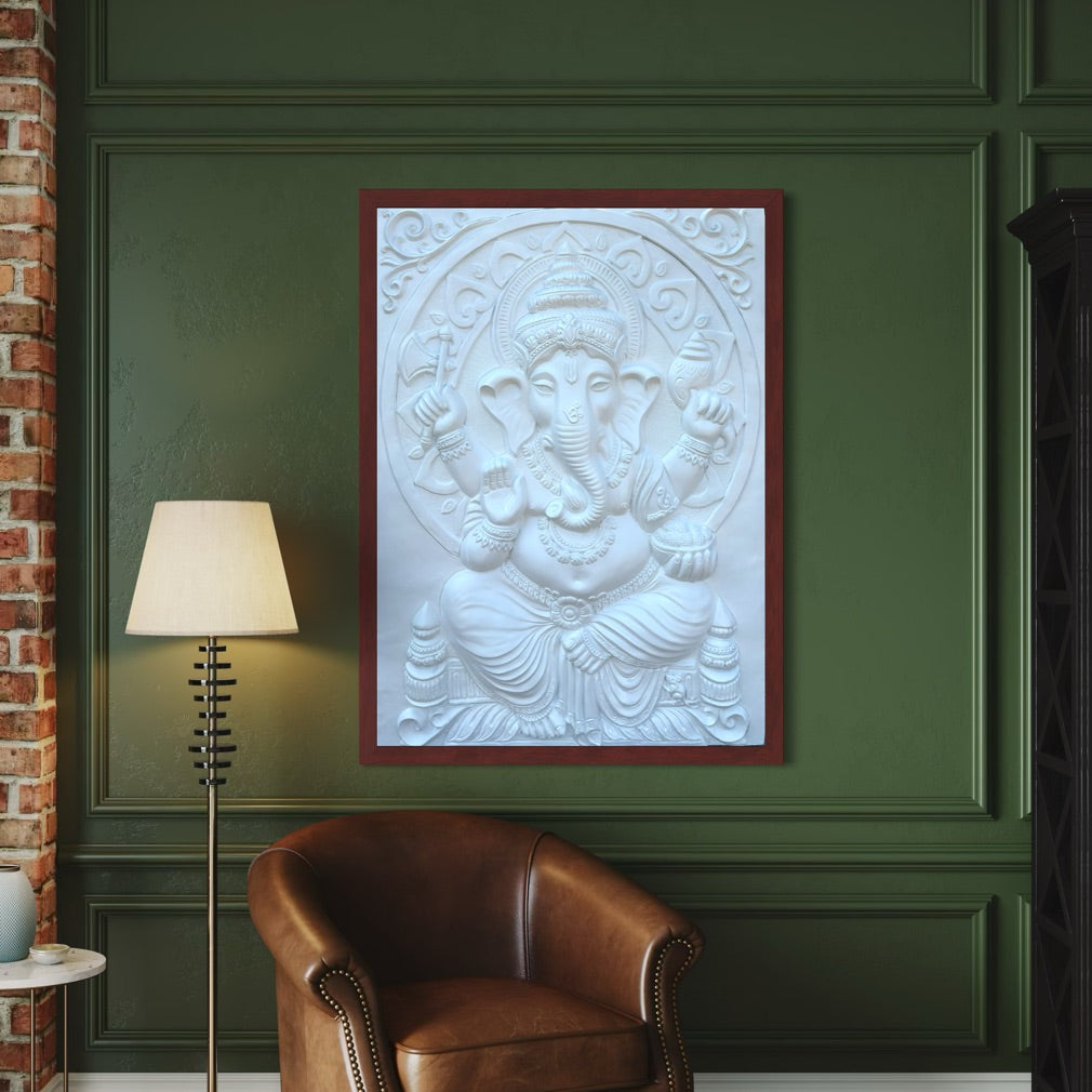 White framed Ganesha mural close-up, showcasing intricate 3D relief detailing and texture, suitable for home, office and temple.